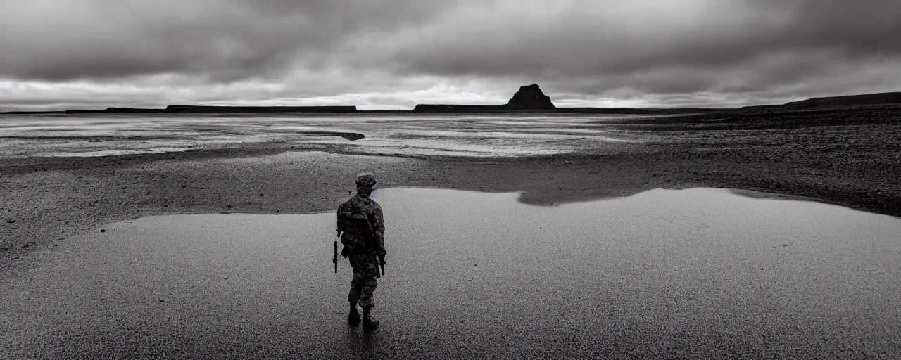 Prompt: low angle cinematic shot of lone futuristic soldier in the middle of an endless black sand beach in iceland, iceberg, 2 8 mm