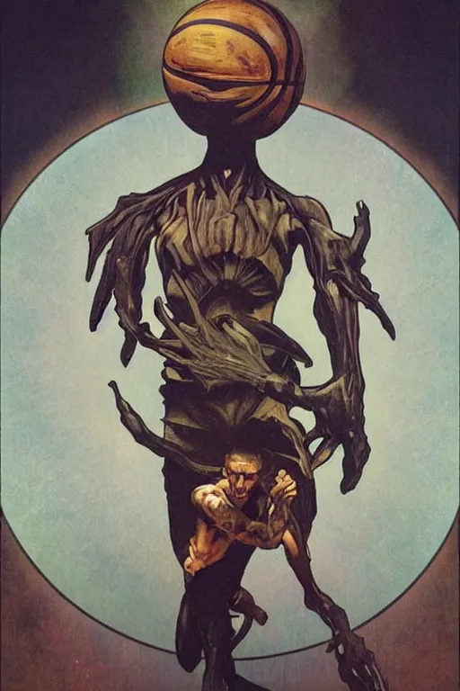 Image similar to basketball! monster!, surreal 4k HD digital full body portrait of humanoid basketball, white hair mohawk, black paper, b-ball! monster, arms and legs on spherical humanoid creature!, by Alphonse Mucha, Craig Mullins, Marc Simonetti, Artstation