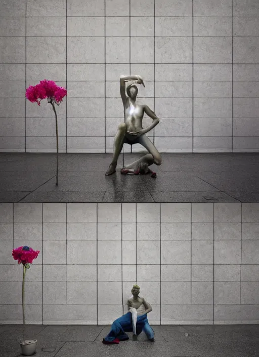 Image similar to kneeling figure in on reflecting pavement, painterly, interior of bus stop, peeling posters on wall, flowers and plants growing from figure, by Lisa Yuskavage, Francis Bacon, James Jean, James Turrell, Doug Wheeler, light and space, 4K, marble floors, rough textures, procedural textures, photography, volumetric lighting, ray tracing