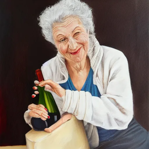 Prompt: a older woman at a party sitting on top of a wine bottle, hyper-realism, realism, 4k,