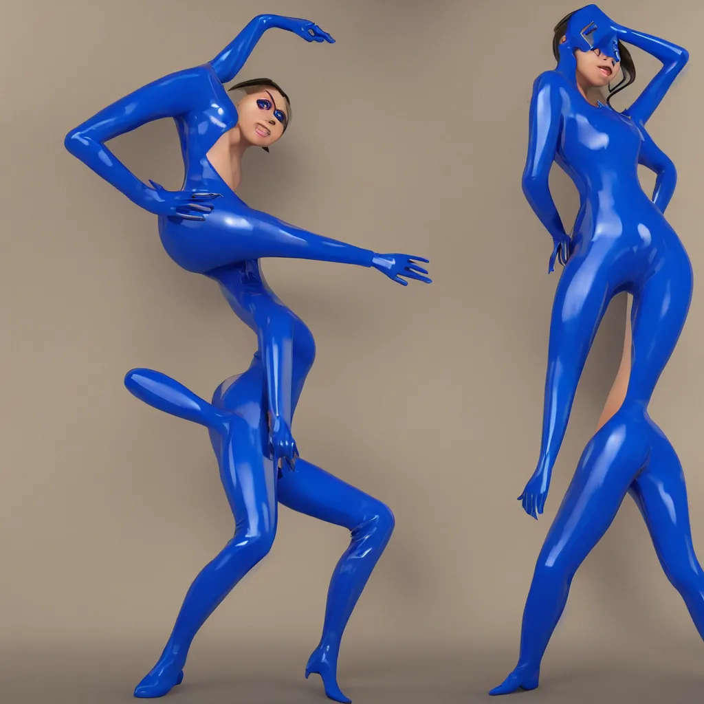 Image similar to a beautiful female wearing a blue latex jumpsuit, eyeballs with different colored iris are poking through the suit, face, torso, legs, feet, octane render, photo realistic, hyper realistic, 8 k resolution in the style of alvin schwartz