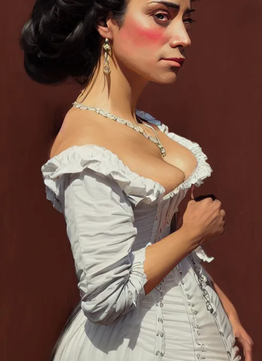 Image similar to 3 / 4 view of a portrait of a hispanic woman in victorian clothing, confident pose, intricate, elegant, sharp focus, illustration, highly detailed, concept art, matte, trending on artstation, anime, art by james jean and artgerm and brian despain and alberto mielgo, greg rutkowski, wlop, ilya kuvshinov, strong strokes