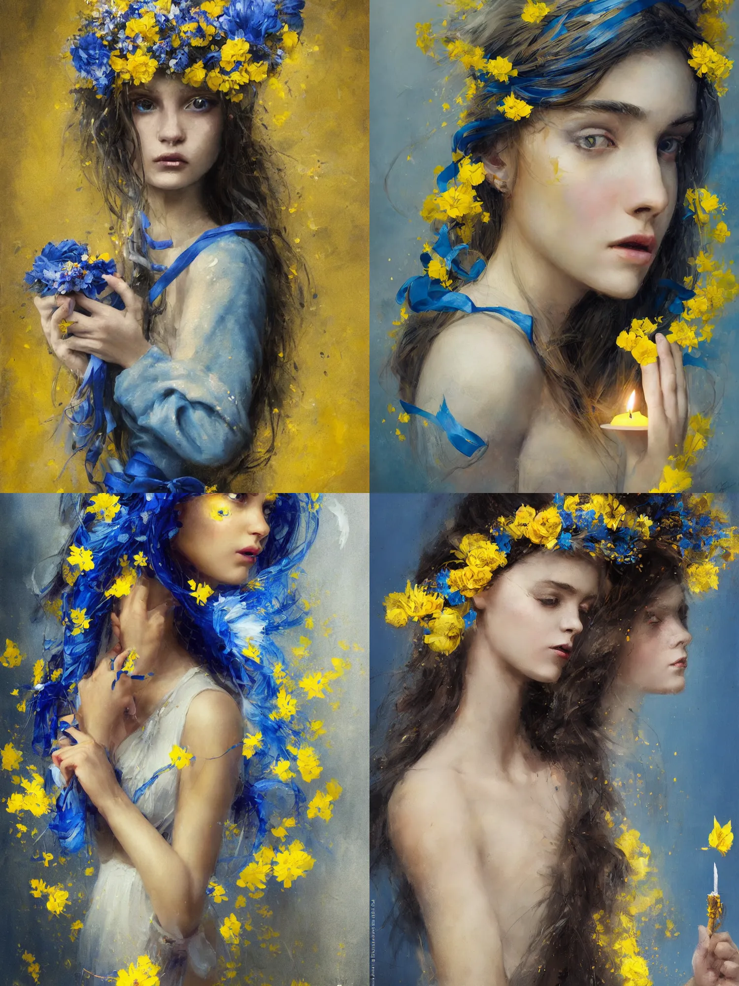 Prompt: A gorgeous young woman with flowers in her hair and blue and yellow ribbons and a candle in her hand, high detail, styled by Greg Rutkowski, expressionism painting on canvas, hard brush strokes