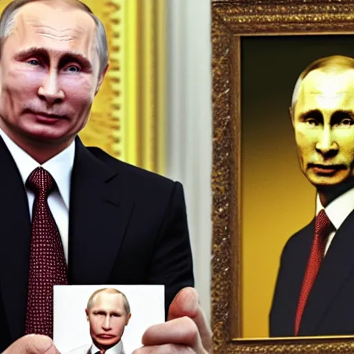 Image similar to putin is holding a picture of putin holding a portrait of putin