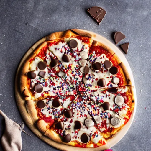 Prompt: a pizza topped with chocolate and sprinkles