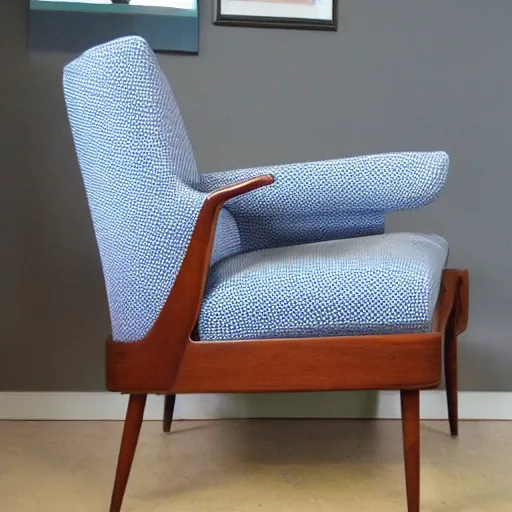 Prompt: a soft comfortable long chair, birch wood, tall, mid century modern, with an antique blue cotton ottoman