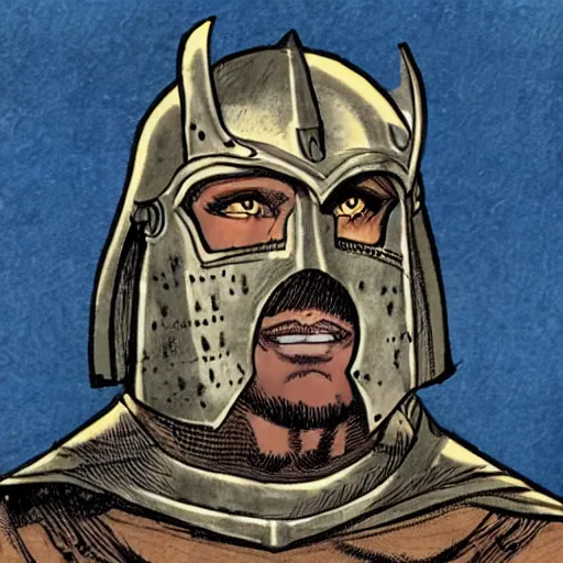 Image similar to a portrait of a medieval knight drawn in the style of jim lee. the knight has the face of chris hemsworth with a short beard and short blonde hair.