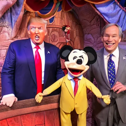 Prompt: donald trump and greg abbott and ron desantis as puppets inside the its a small world ride at disneyland, highly detailed, high definition, ultra realistic