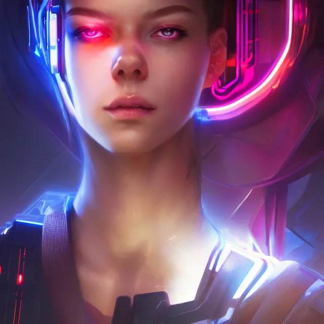 Prompt: portrait of beautiful augmented cyberpunk girl, city, volumetric lighting, ray tracing, futuristic, sharp focus, vibrant, vivid, symmetry, highly detailed, 4 k digital painting, detailed skin, raytracing, artistic, concept art by artgerm, greg rutkowski, alphonse mucha, unreal engine render,