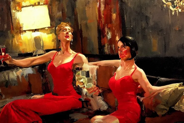 Prompt: a woman in a red dress sits on a sofa and drinks champagne in a dark living room, painted by phil hale and rick berry and dean cornwell and norman rockwell and jeremy mann