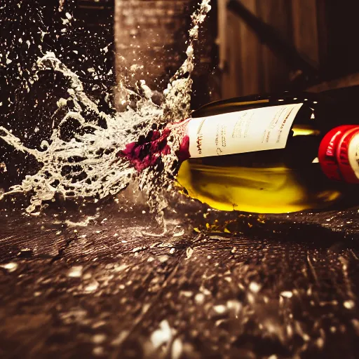 Prompt: photography of a wine bottle crashing on the floor, bottom bottle explode but bottle neck remain, clear view on the label, wine splash, cinematographic look, award photography