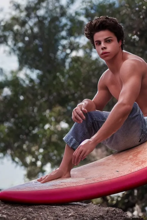 Prompt: young jake t. austin sitting on a surfboard, red weapon 8 k s 3 5, cooke anamorphic / i lenses, highly detailed, cinematic lighting