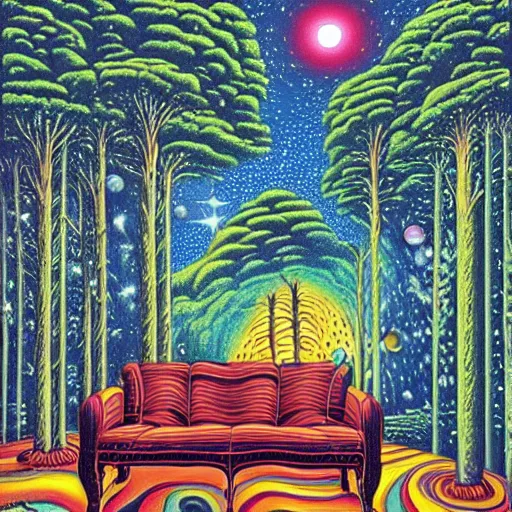 Image similar to psychedelic trippy river pine forest, planets, milky way, sofa, cartoon by rob gonsalves