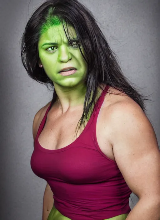 Prompt: A full portrait photo of real-life women hulk, f/22, 35mm, 2700K, lighting, perfect faces, award winning photography.