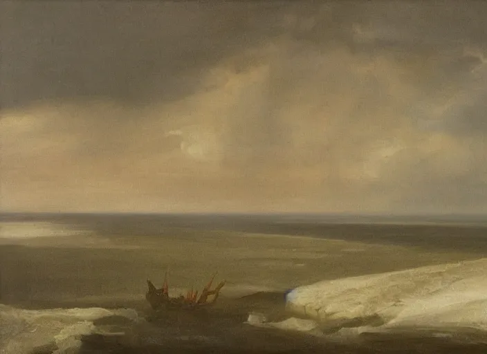 Image similar to the north sea ( doggerland ) frozen over and the water lowered during the last ice ages, in the style of hudson river school of art, oil on canvas