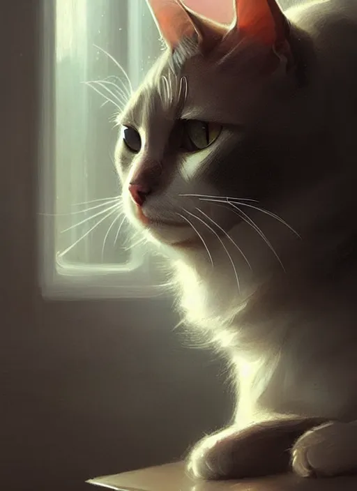 Image similar to a cat thinking about what he had done, everything slowly falling, elegant, highly detailed, digital illustration, trending in artstation, trending in pinterest, glamor photo, concept art, smooth, sharp focus, art by artgerm and greg rutkowski