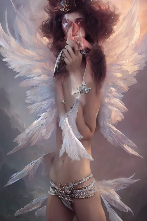 Prompt: beautiful model wearing crystal white feathers, diamonds, angel, fantasy, dramatic lighting, highly detailed, digital painting, holding ice, magic the gathering, hyper detailed, 3 d render, hyper realistic detailed portrait, peter mohrbacher, wlop, ruan jia