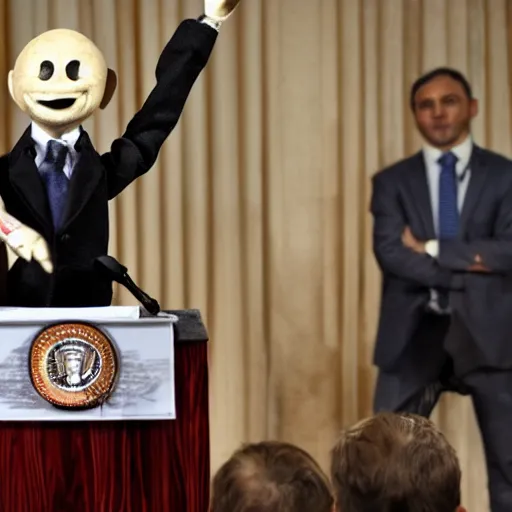 Prompt: press conference with puppeteer using marionette of a president in a podium