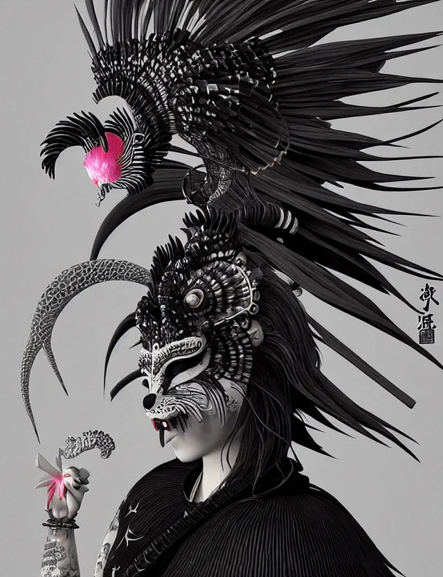 Image similar to 3 d goddess close - up profile simple portrait punk with mohawk with ram skull. beautiful intricately detailed japanese crow kitsune mask and clasical japanese kimono. betta fish, jellyfish phoenix, bio luminescent, plasma, ice, water, wind, creature, artwork by tooth wu and wlop and beeple and greg rutkowski