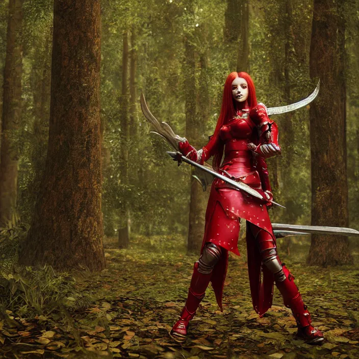 Image similar to a girl with long red hair wearing a red plate armor and hding a big red sword in a forest, 3d render, octane render, unreal engine 5, 8k hdr, hyperrealistic, highly detailed, high quality, concept art, trending on Artstation