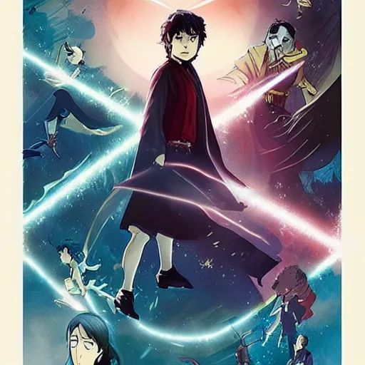 Prompt: poster for a film fantasy japanese animation called harry potter a new hope, 8 k, hd, dustin nguyen, akihiko yoshida, greg tocchini, greg rutkowski, cliff chiang, award winning, awesome composition