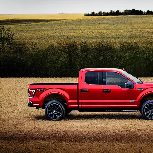 Prompt: A photograph of a red Ford F-150 pickup truck (2018) in a farm field, photo taken in 2018