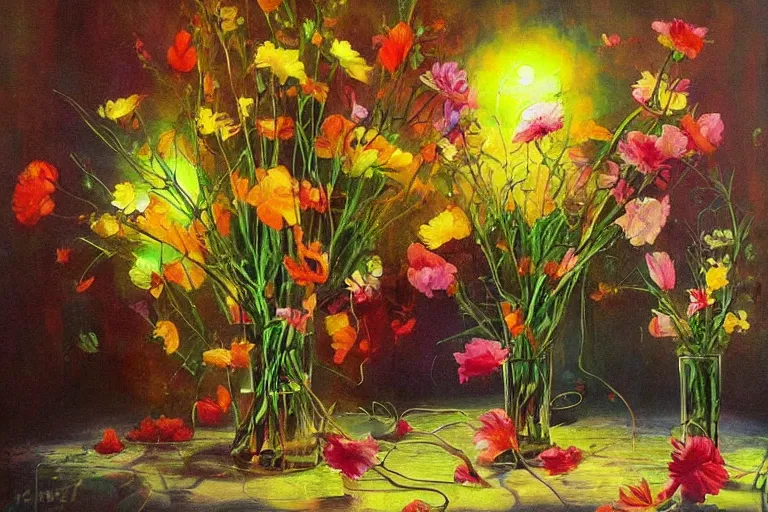 Prompt: vase of melting flowers by jan davidsz, surreal oil painting, luminous, soft lighting, colorful illustration, highly detailed, dream like