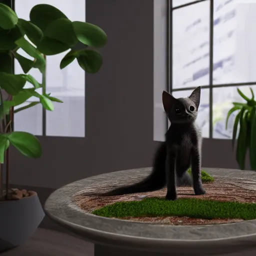 Image similar to a modern indoor room, clean architecture, some plants, peaceful, 8K octane render, a bat kitten sits there