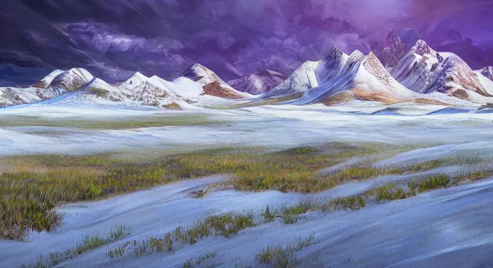 Image similar to A professional digital landscape painting of a vast wintery tundra with peaking mountains in the background, painted by Terese Nielsen, 4k, digital art, trending on cgsociety, highly detailed, upper body shot, shallow depth of field, purple and yellow lighting, professional lighting, airbrush,