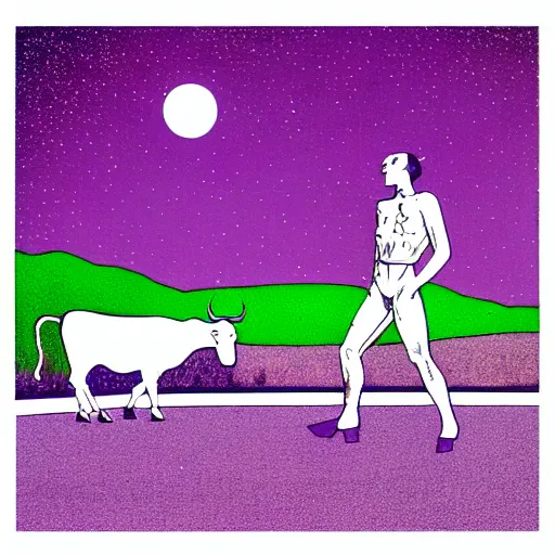 Image similar to ufo and aliens beaming up abducting cows along coast line pastures, summer night and palm trees. by patrick nagel, by norman rockwell, by virgil finlay minimalist lighting, precisionist, 1 0 0 0 0 mm. purple and green gammas.