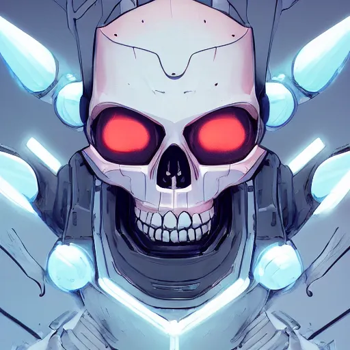 Image similar to a robot cybernetic skull face monster minimalist comics, behance hd by jesper ejsing, by rhads, makoto shinkai and lois van baarle, ilya kuvshinov, rossdraws global illumination ray tracing hdr radiating a glowing aura