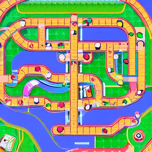 Image similar to top down view of Nintendo Mario kart double dash custom racetrack map. Wario Casino greedy capitalist video game track.