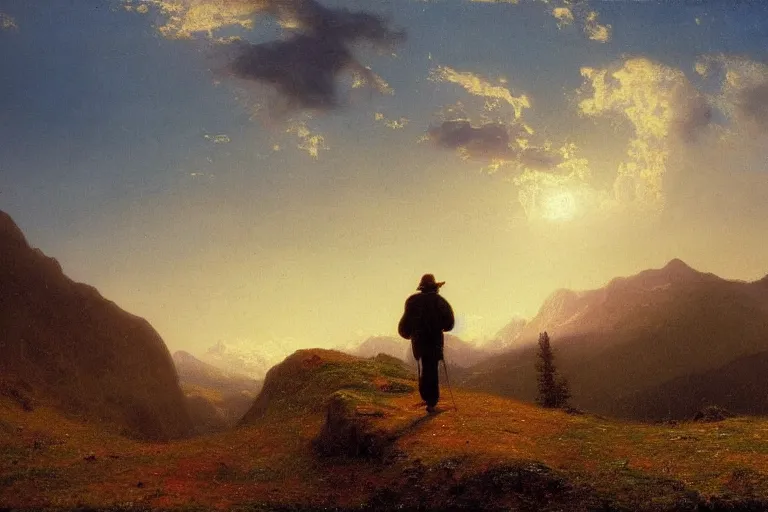 Image similar to a traveler wandering trough the mountains looking at the clouds, very detailed, oil painting, cinematic lighting, albert bierstadt, trending on artstation, colorful, canvas, sunset, hans dahl, theodor kittelsen, hermann hendrich, national geographic