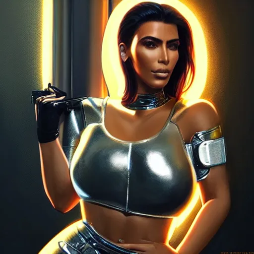 Image similar to transhuman cyberpunk kim kardashian wearing silver chrome leather crop top, cyberpunk 2 0 7 7, intricate, elegant, highly detailed, digital painting, artstation, concept art, smooth, sharp focus, illustration, art by artgerm and greg rutkowski and alphonse mucha