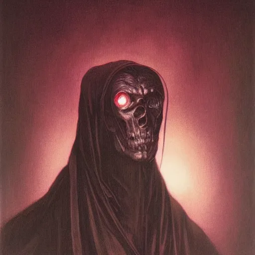 Image similar to inquisitor of Mephistopheles portrait by gerald brom and Zdzisław Beksiński, darkwave