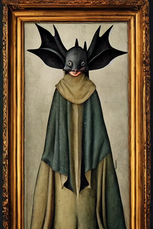 Image similar to silly hieronymus bosch framed oil painting of a bat in fancy felt robes. muted colour palette