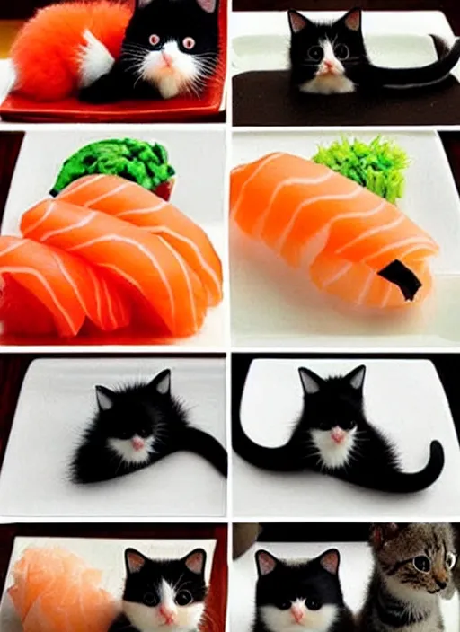 Image similar to clear photorealistic picture of adorable cats made out of sushi