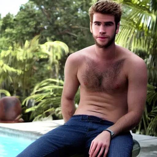 Image similar to a realistic detailed photo of a guy who is an attractive humanoid who is half robot and half humanoid, who is a male android, actor liam hemsworth, shiny skin, posing like a statue, blank stare, by the pool, on display