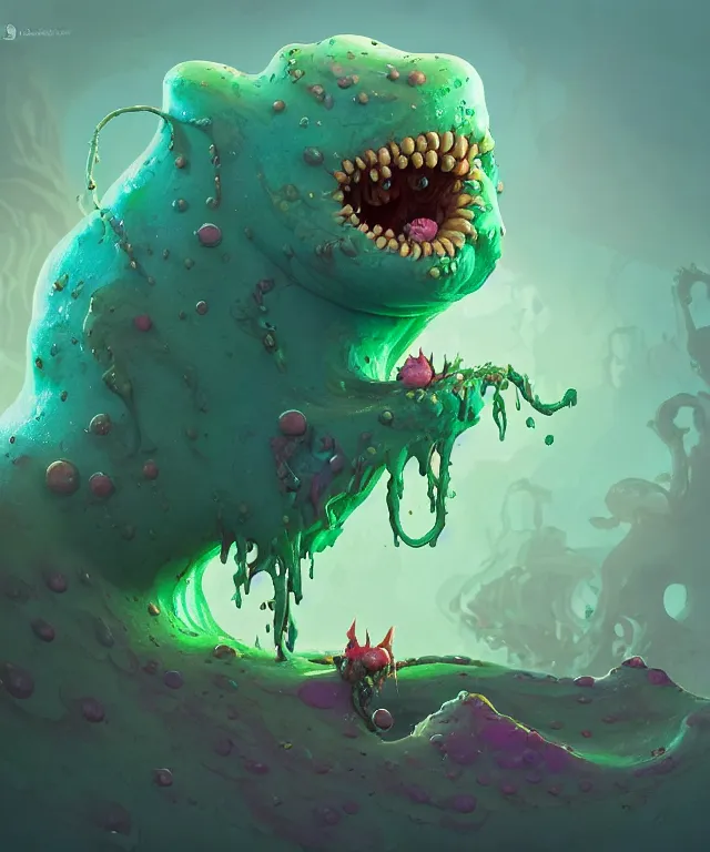 Prompt: an ooze slime creature in a dr seuss artstyle, adorable and whimsical, fantasy, elegant, crisp 8 k line work, rim light, digital painting, artstation, unreal engine, octane render, concept art, matte, sharp focus, illustration, art by james jean and justin gerard and josan gonzalez