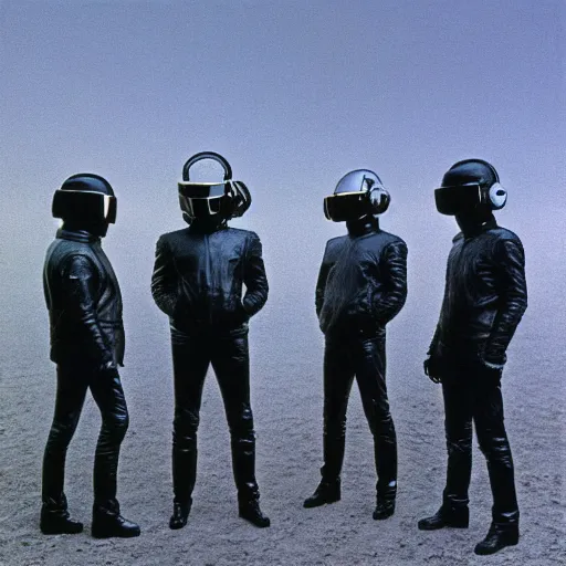 Prompt: album art of daft punk wearing leather jackets, standing together in a desolate wasteland, painted by zdzislaw beksinski