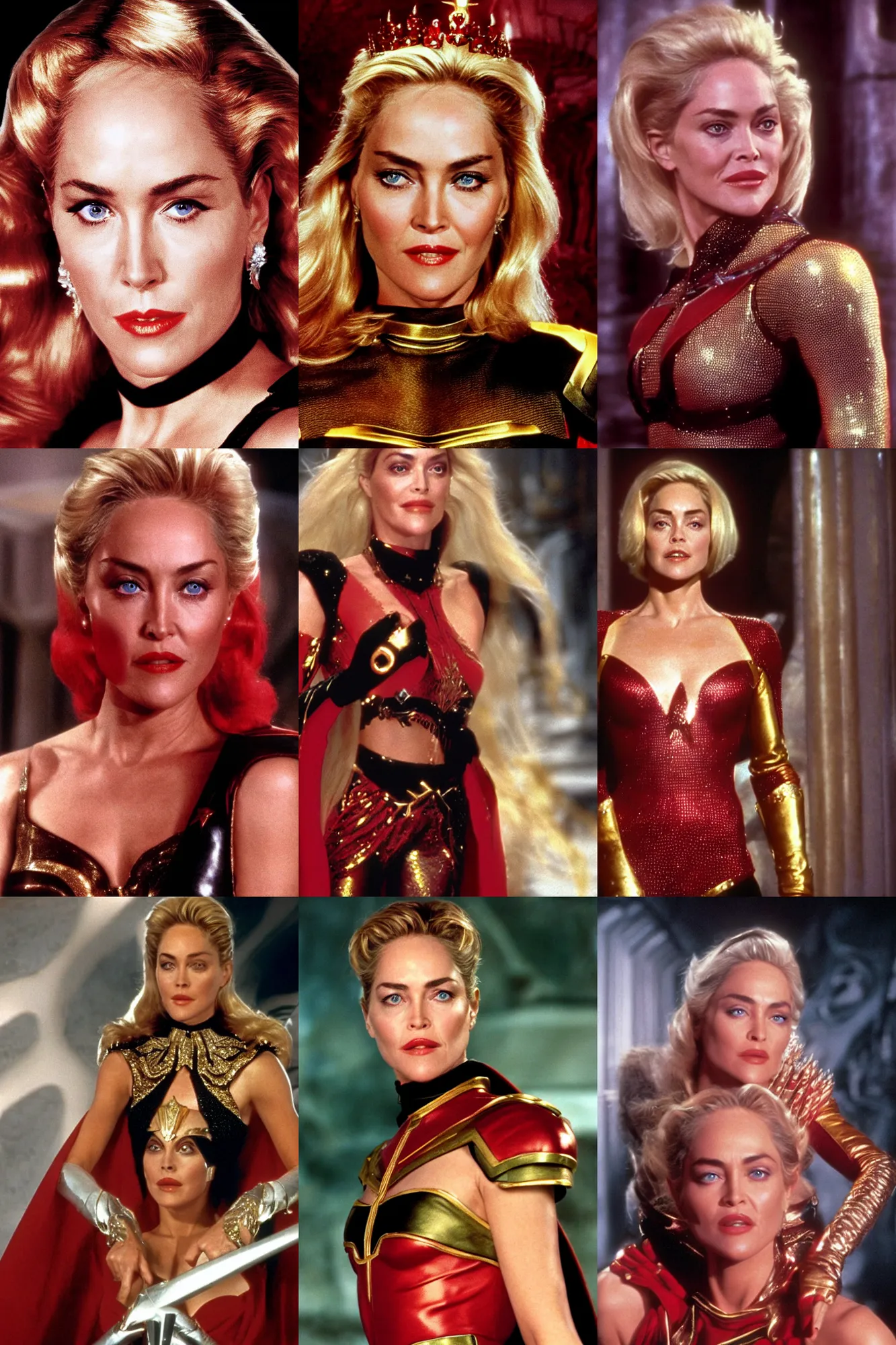 Prompt: Head Shot of Sharon Stone as Princess Aura in Flash Gordon 1980, Red Gold and Black outfit, film still