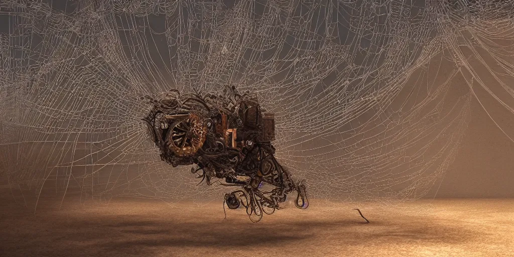 Prompt: A George Miller film, an ornate real character made out of intricate metallic filament webs and Endocrine system built out of dust and light, floating in the desert night, hyper-realism, very detailed feel, rendered in Octane, tiny points of light, caustic, 4k, beautiful lighting, colorful, vibrant