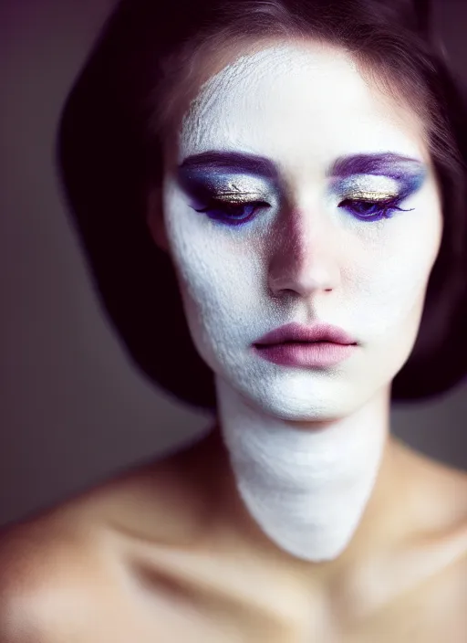 Prompt: portrait of a epically beautiful woman by national geographic, white makeup, cinematic, 8 0 mm,