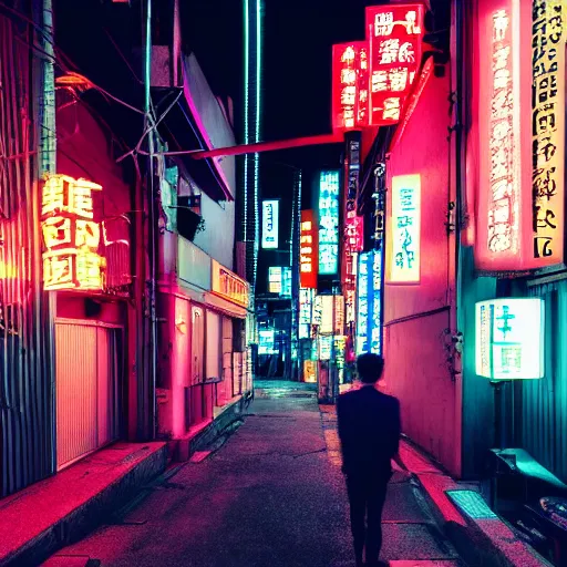 Image similar to Looking down a neon sign lit alleyway in Neo-Tokyo with many neon signs and izakayas, two Japanese businessmen standing against a wall talking to each other, one streetlight, cyberpunk, trending on artstation and behance, by Beeple