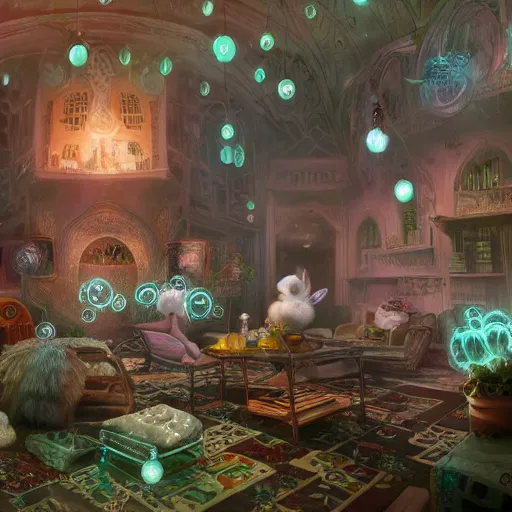 Image similar to ghost mansion, expressive eyes, floating, rbc, bunny, radiolaria, protophyta, micro - organisms, center frame, symmetric, rim light, marine microbiology, bioluminescence, electric, fur, soft, concept art, intricate details, highly detailed, colorful, photorealistic, disney pixar, octane render, iridescent, anime, 8 k