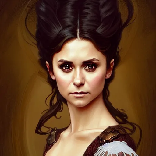 Image similar to Nina Dobrev dressed in a victorian fashion, D&D, fantasy, intricate, elegant, highly detailed, digital painting, artstation, concept art, matte, sharp focus, illustration, art by Artgerm and Greg Rutkowski and Alphonse Mucha