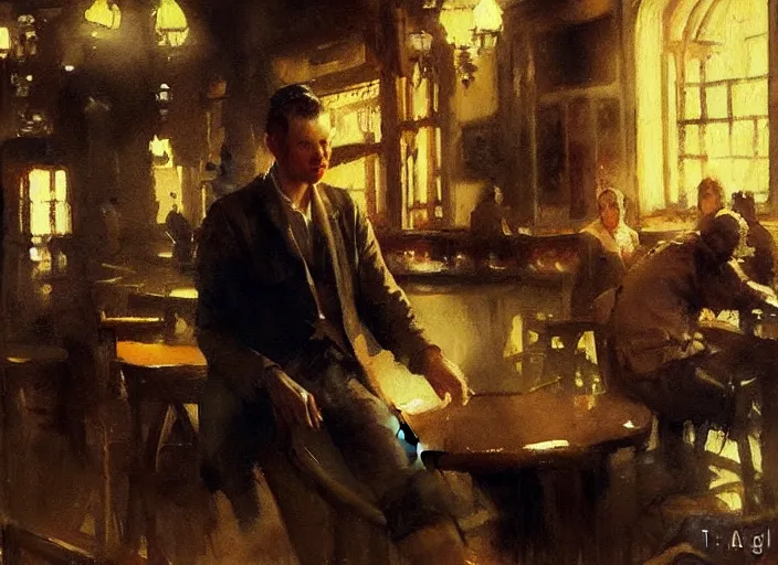 Image similar to oil watercolor painting of young guy in western bar, mysterious light, art by anders zorn, wonderful masterpiece by greg rutkowski, beautiful cinematic light, american romanticism by greg manchess, creation by tyler edlin