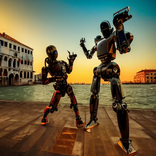 Prompt: two evil humanoid robott with a gun, in venice, cyberpunk style, wide shot, long shot, sunset golden hour