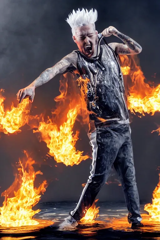 Prompt: scooter rapper baxxter with white hair standing in water shouting in the microphone with explosion and flames in background, full body, white shirt, black pants, reflection in water, volumetric lighting, detailed eyes, dynamic pose, golden ratio