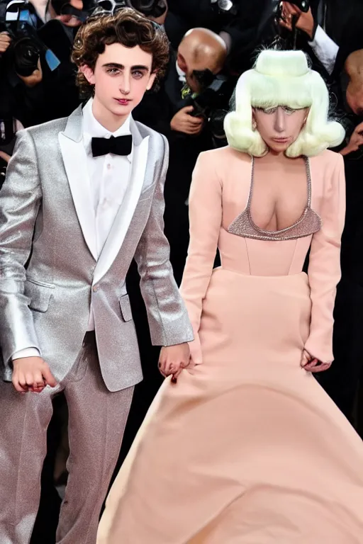 Image similar to timothee chalamet and lady gaga holding hands, beautiful detailed faces, canon eos, featured, flash lighting